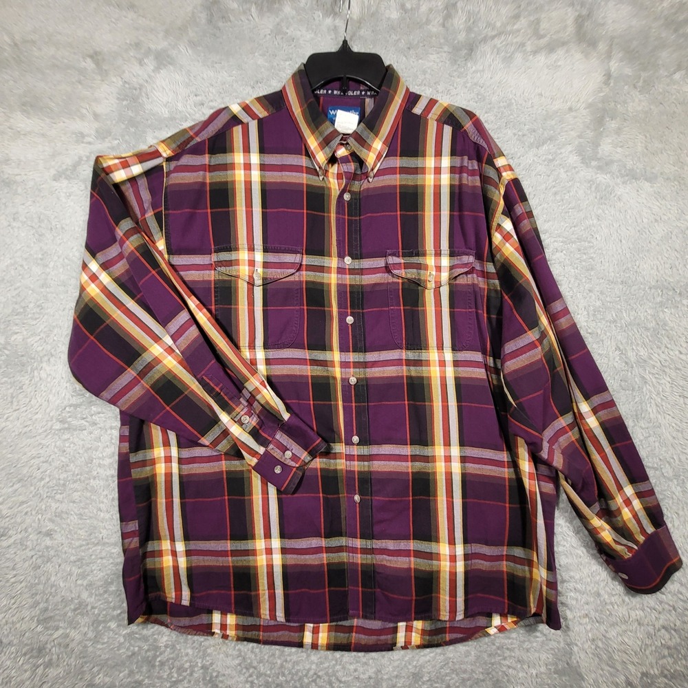 Wrangler Western Shirt Mens XXL Plaid Purple‎ Red Yellow Long Sleeve Cotton